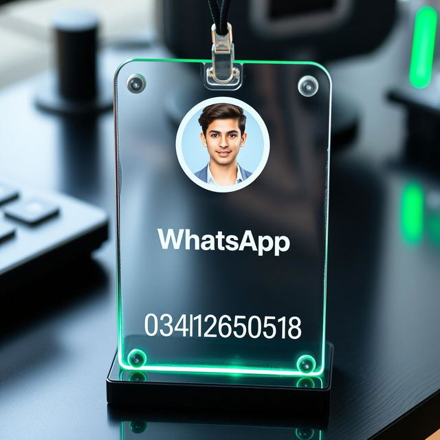 A realistic glass ID card placed on a sleek black desk, featuring the WhatsApp logo prominently displayed