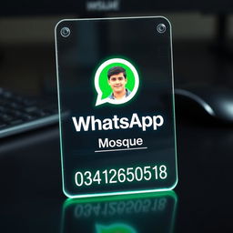 A realistic glass ID card placed on a sleek black desk, featuring the WhatsApp logo prominently displayed