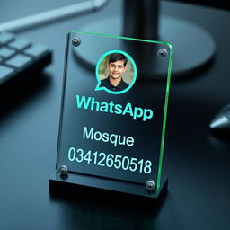 A realistic glass ID card placed on a sleek black desk, featuring the WhatsApp logo prominently displayed