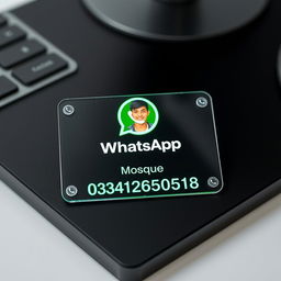 A realistic glass ID card placed on a sleek black desk, featuring the WhatsApp logo prominently displayed
