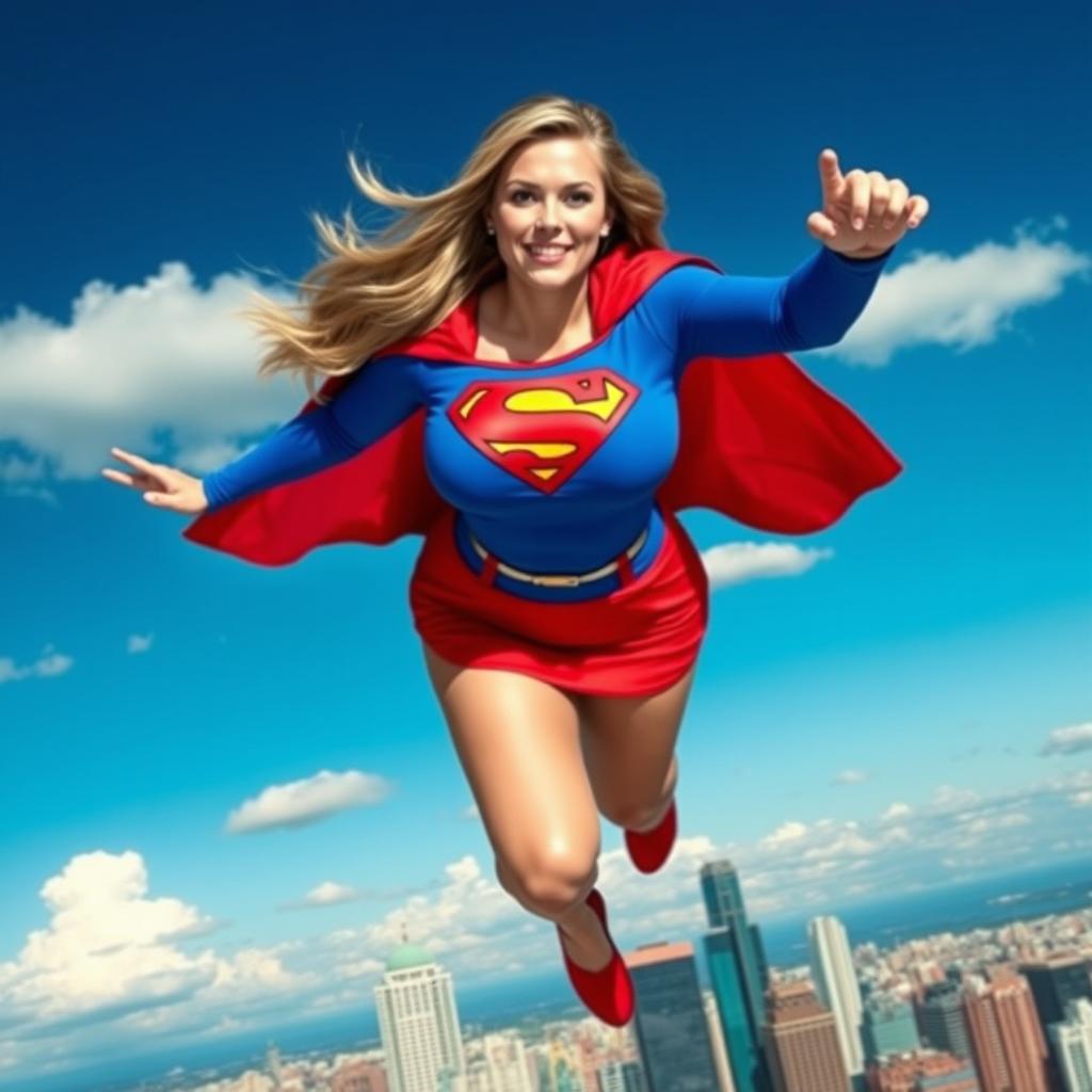 A voluptuous busty woman wearing a bright blue Supergirl costume with a red miniskirt and the iconic Supergirl emblem on her chest, flying gracefully over a vibrant city skyline