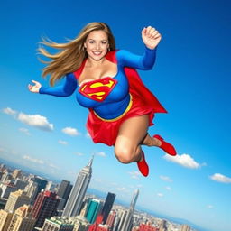 A voluptuous busty woman wearing a bright blue Supergirl costume with a red miniskirt and the iconic Supergirl emblem on her chest, flying gracefully over a vibrant city skyline