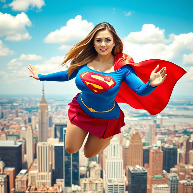 A voluptuous busty woman wearing a bright blue Supergirl costume with a red miniskirt and the iconic Supergirl emblem on her chest, flying gracefully over a vibrant city skyline