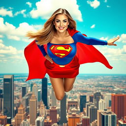 A voluptuous busty woman wearing a bright blue Supergirl costume with a red miniskirt and the iconic Supergirl emblem on her chest, flying gracefully over a vibrant city skyline