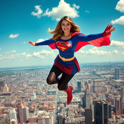 A voluptuous busty woman wearing a vibrant Supergirl costume, featuring a short, form-fitting miniskirt