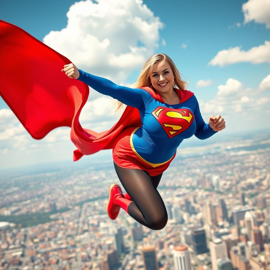 A voluptuous busty woman wearing a vibrant Supergirl costume, featuring a short, form-fitting miniskirt