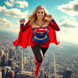 A voluptuous busty woman wearing a vibrant Supergirl costume, featuring a short, form-fitting miniskirt