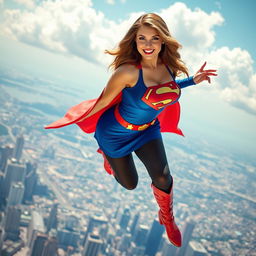 A voluptuous busty woman wearing a vibrant Supergirl costume, featuring a short, form-fitting miniskirt