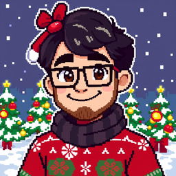 A pixel art character design featuring a boy with dark hair, brown eyes, and square glasses, complemented by a light stubble beard