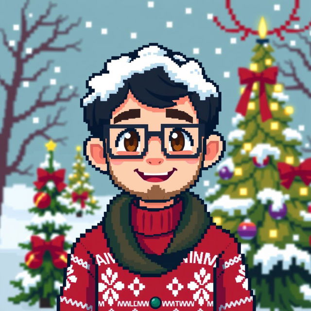 A pixel art character design featuring a boy with dark hair, brown eyes, and square glasses, complemented by a light stubble beard