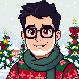 A pixel art character design featuring a boy with dark hair, brown eyes, and square glasses, complemented by a light stubble beard
