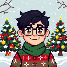 A pixel art character design featuring a boy with dark hair, brown eyes, and square glasses, complemented by a light stubble beard