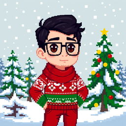 A pixel art character design featuring a boy with dark hair, brown eyes, and square glasses, complete with a light stubble beard