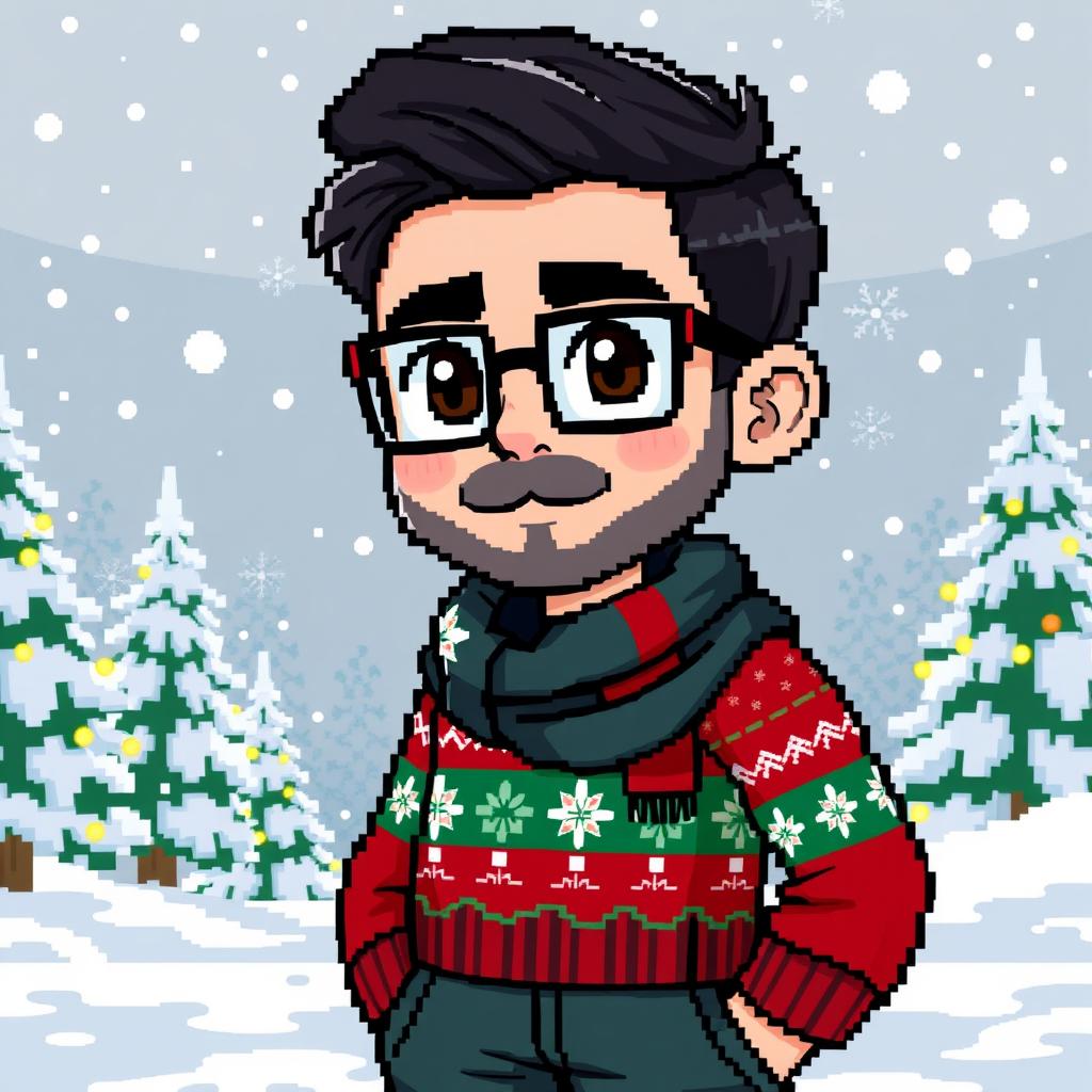 A pixel art character design featuring a boy with dark hair, brown eyes, and square glasses, complete with a light stubble beard