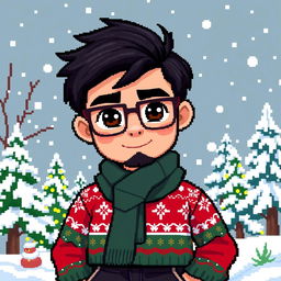 A pixel art character design featuring a boy with dark hair, brown eyes, and square glasses, complete with a light stubble beard