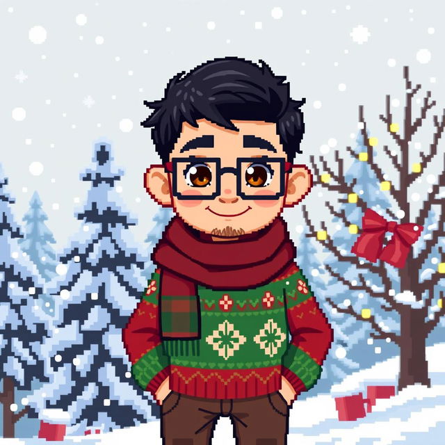 A pixel art character design featuring a boy with dark hair, brown eyes, and square glasses, complete with a light stubble beard