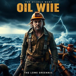 A dramatic movie poster featuring a rugged male protagonist in a hard hat and oil-stained clothing, standing on an offshore oil rig surrounded by tumultuous ocean waves under a stormy sky