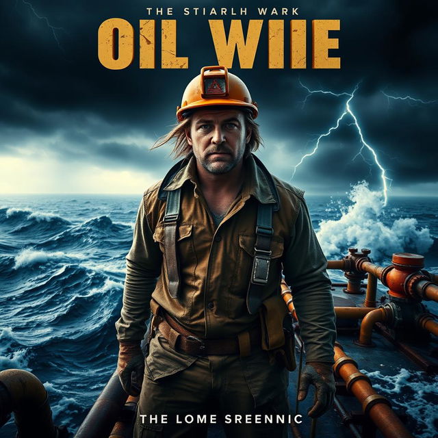 A dramatic movie poster featuring a rugged male protagonist in a hard hat and oil-stained clothing, standing on an offshore oil rig surrounded by tumultuous ocean waves under a stormy sky