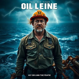 A dramatic movie poster featuring a rugged male protagonist in a hard hat and oil-stained clothing, standing on an offshore oil rig surrounded by tumultuous ocean waves under a stormy sky