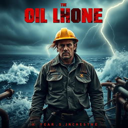 A dramatic movie poster featuring a rugged male protagonist in a hard hat and oil-stained clothing, standing on an offshore oil rig surrounded by tumultuous ocean waves under a stormy sky