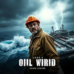 A dramatic movie poster featuring a rugged male protagonist in a hard hat and oil-stained clothing, standing on an offshore oil rig surrounded by tumultuous ocean waves under a stormy sky
