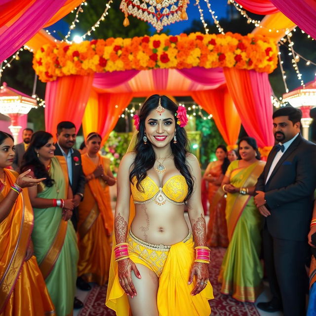 A beautiful Indian style wedding scene featuring a white-skinned bride wearing a vibrant yellow bikini, surrounded by traditional Indian decorations