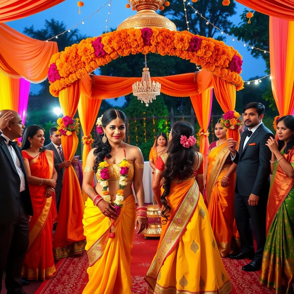 A beautiful Indian style wedding scene featuring a white-skinned bride wearing a vibrant yellow bikini, surrounded by traditional Indian decorations