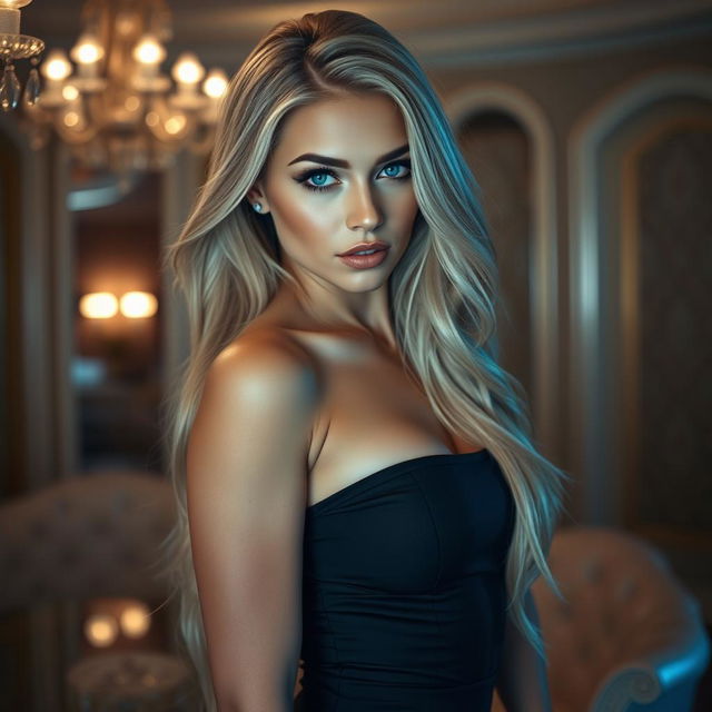 A glamorous portrait of a sexy blonde woman in a luxurious setting