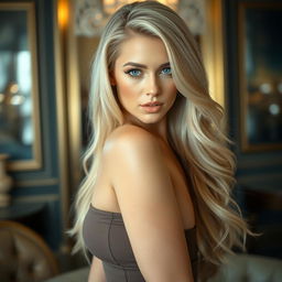 A glamorous portrait of a sexy blonde woman in a luxurious setting
