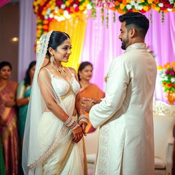 A beautiful Indian wedding scene featuring a white couple as they exchange vows, surrounded by vibrant floral decorations