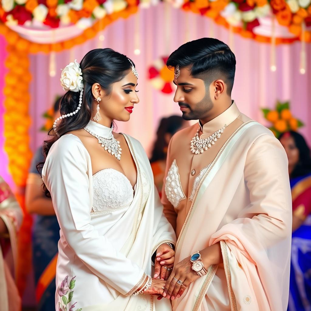 A beautiful Indian wedding scene featuring a white couple as they exchange vows, surrounded by vibrant floral decorations