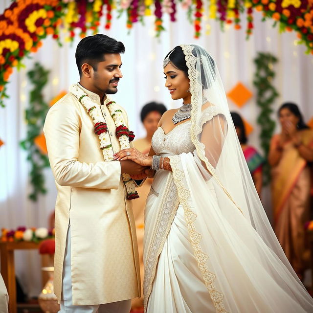 A beautiful Indian wedding scene featuring a white couple as they exchange vows, surrounded by vibrant floral decorations