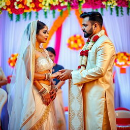 A beautiful Indian wedding scene featuring a white couple as they exchange vows, surrounded by vibrant floral decorations