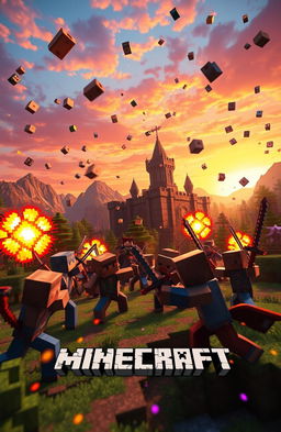 A vibrant Minecraft battlefield scene featuring players engaged in intense combat