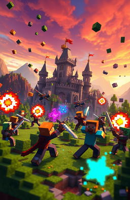 A vibrant Minecraft battlefield scene featuring players engaged in intense combat