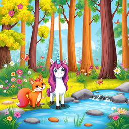 A colorful and whimsical scene from a children's story featuring a playful forest filled with magical creatures