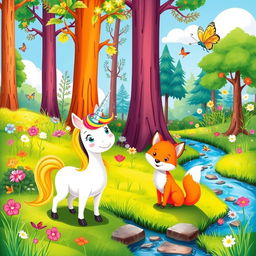 A colorful and whimsical scene from a children's story featuring a playful forest filled with magical creatures