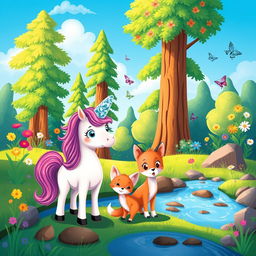 A colorful and whimsical scene from a children's story featuring a playful forest filled with magical creatures
