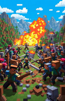 A dynamic scene depicting a large-scale battle in a Minecraft-inspired world