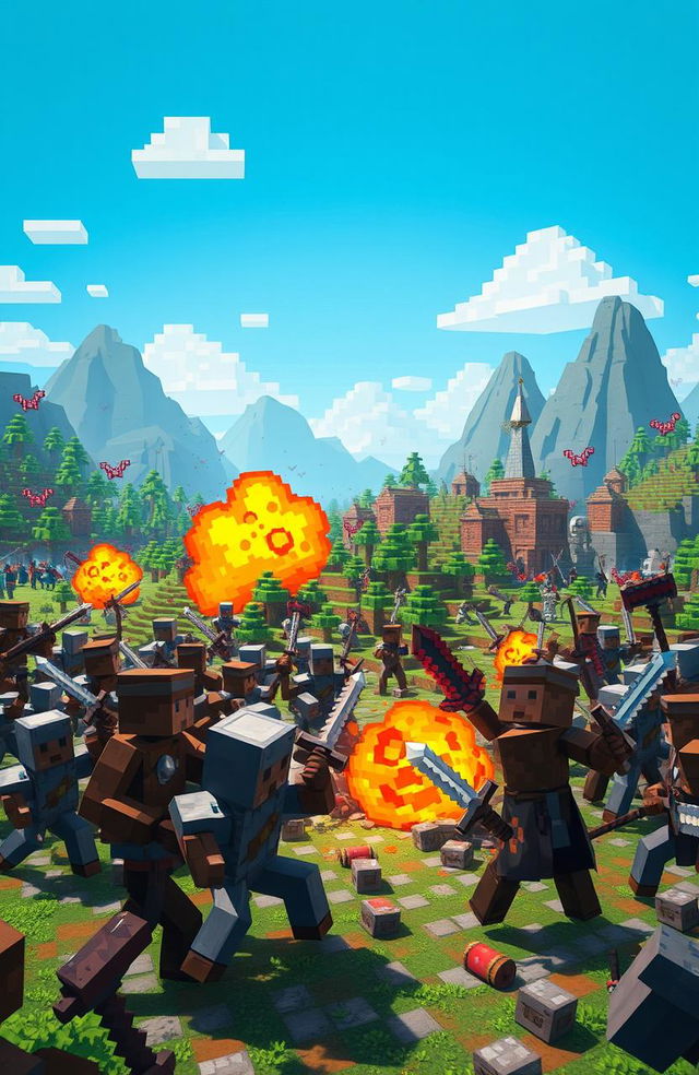 A dynamic scene depicting a large-scale battle in a Minecraft-inspired world