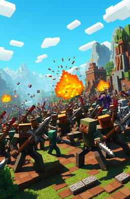 A dynamic scene depicting a large-scale battle in a Minecraft-inspired world