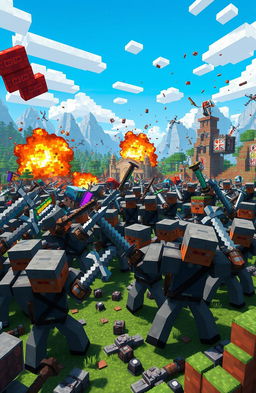 A dynamic scene depicting a large-scale battle in a Minecraft-inspired world