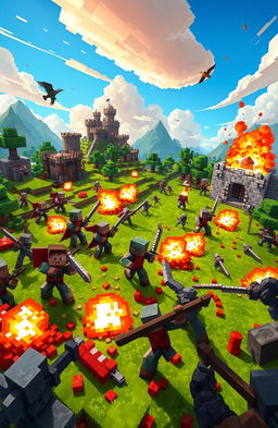 A vibrant, action-packed scene depicting a Minecraft war, featuring pixelated soldiers in Minecraft-style armor, wielding swords and bows, engaged in a fierce battle on a lush green pixelated landscape