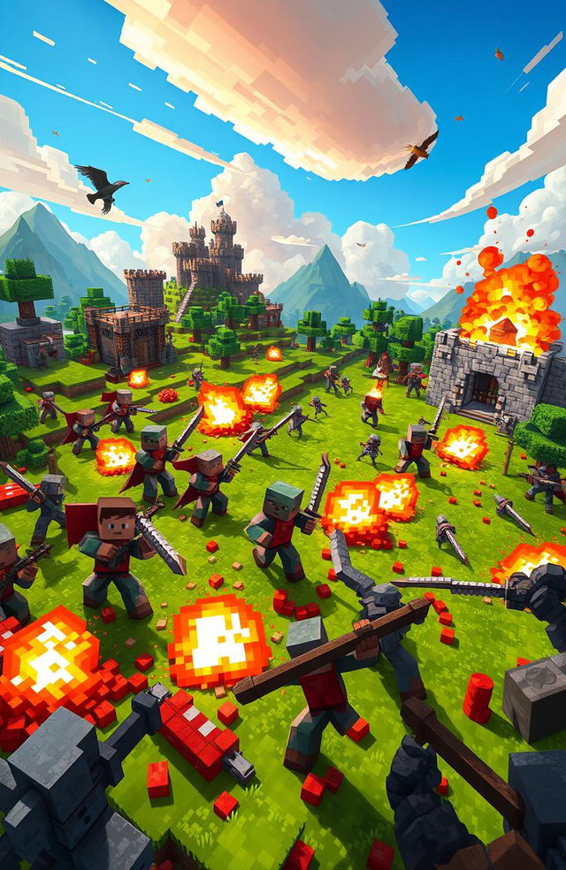 A vibrant, action-packed scene depicting a Minecraft war, featuring pixelated soldiers in Minecraft-style armor, wielding swords and bows, engaged in a fierce battle on a lush green pixelated landscape