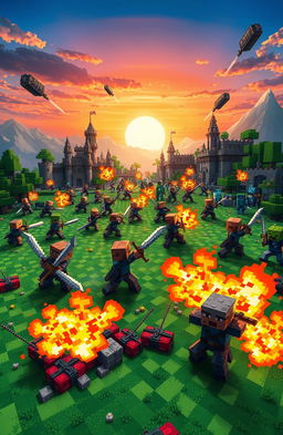 A vibrant, action-packed scene depicting a Minecraft war, featuring pixelated soldiers in Minecraft-style armor, wielding swords and bows, engaged in a fierce battle on a lush green pixelated landscape