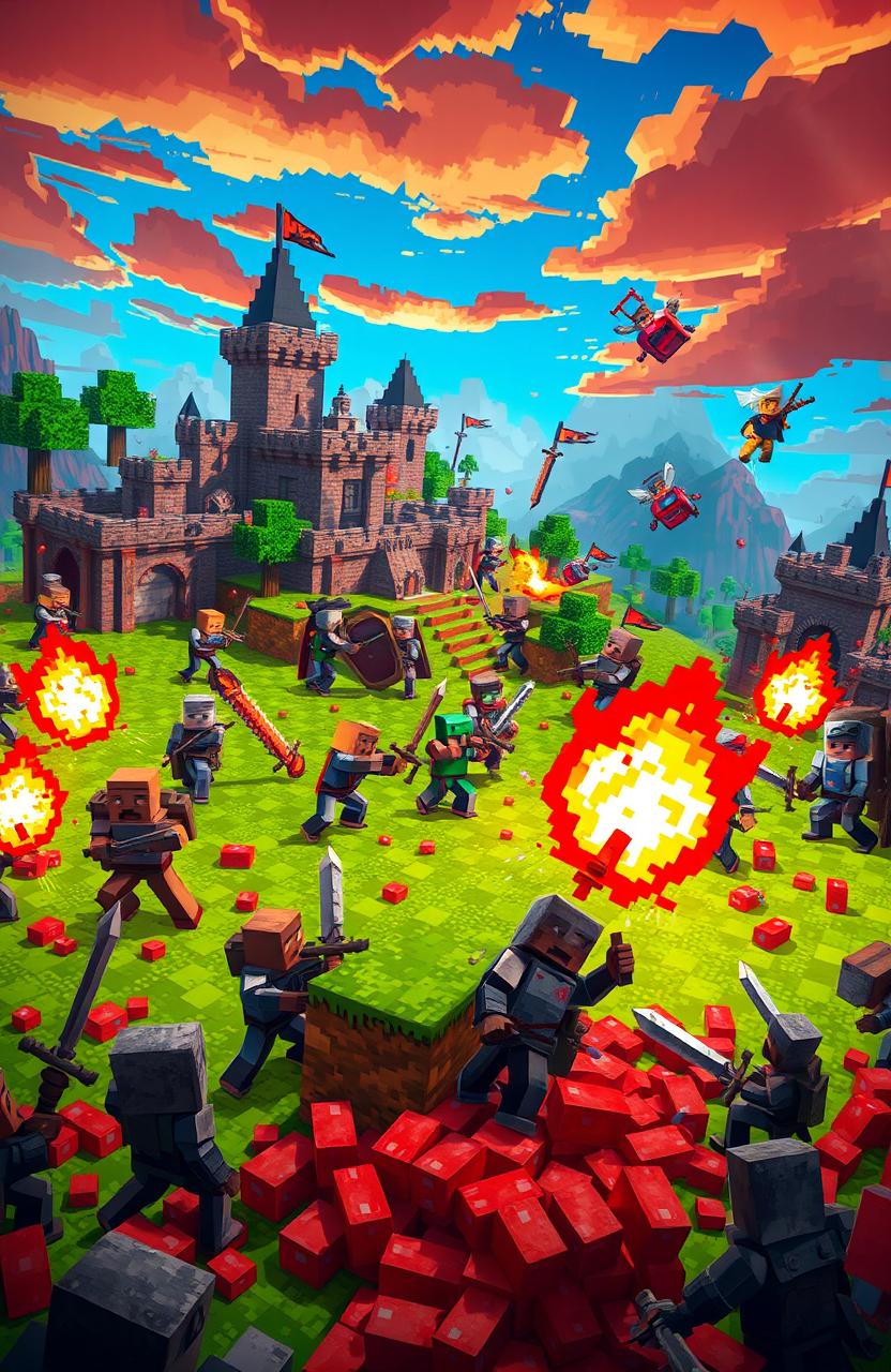 A vibrant, action-packed scene depicting a Minecraft war, featuring pixelated soldiers in Minecraft-style armor, wielding swords and bows, engaged in a fierce battle on a lush green pixelated landscape