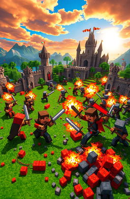 A vibrant, action-packed scene depicting a Minecraft war, featuring pixelated soldiers in Minecraft-style armor, wielding swords and bows, engaged in a fierce battle on a lush green pixelated landscape