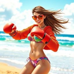 A vibrant beach scene featuring a confident woman resembling the style of Velma from a popular animated series