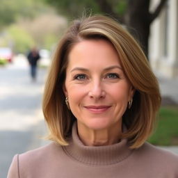A 45-year-old woman with medium-length hair and fair skin, dressed in a modest and understated style that reflects her elegance