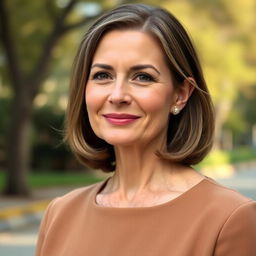 A 45-year-old woman with medium-length hair and fair skin, dressed in a modest and understated style that reflects her elegance